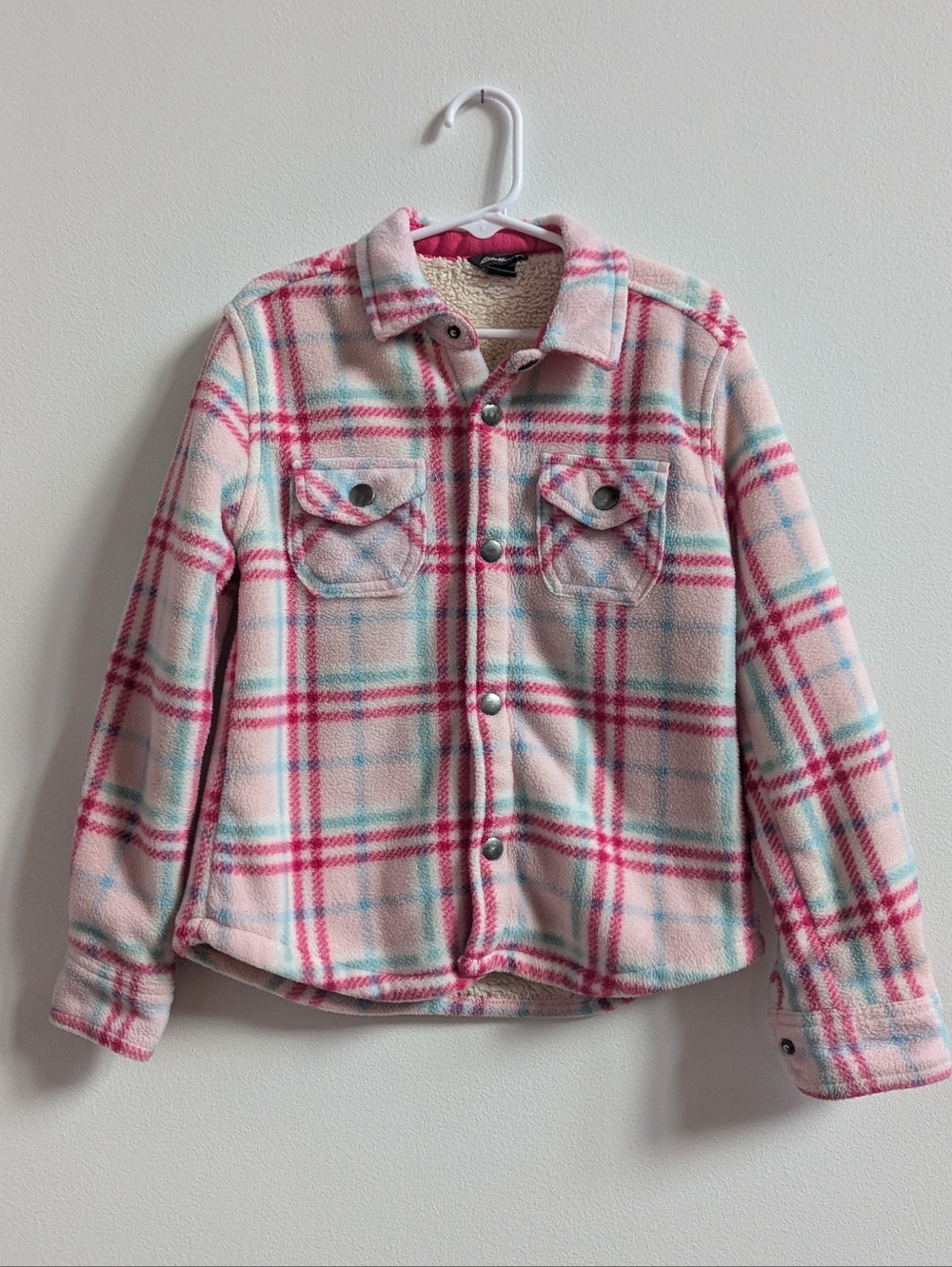 Eddie Bauer Shacket 6/6x Pink Plaid Faux Sherpa